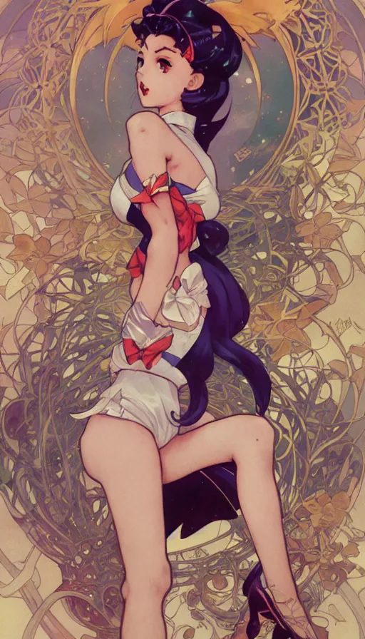 Image similar to sailor moon in a cute pinup pose by artgerm, greg rutkowski and alphonse mucha, concept art, matte, intricate, full body, epic composition