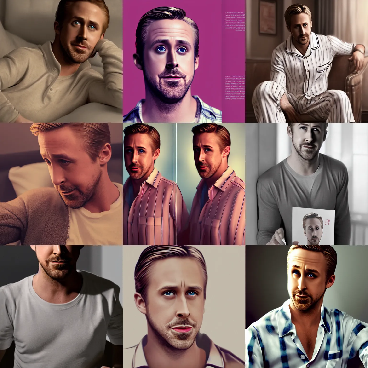 Prompt: a photorealistic photograph of a ryan gosling dressed in pajamas. trending on Artstation, featured on Behance, well-rendered, fine detail, extra crisp image, Unreal Engine, 4K HD