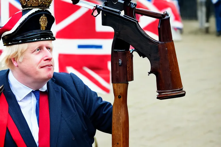 Image similar to closeup portrait of boris johnson dressed as a queen's guard firing a musket in a london street, natural light, sharp, detailed face, magazine, press, photo, steve mccurry, david lazar, canon, nikon, focus