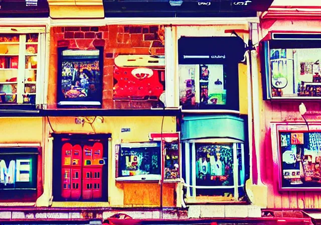 Image similar to home photography portrait, the shop next to SHOME, street, signboards , poster ; summer, Color VHS picture quality with mixed noise