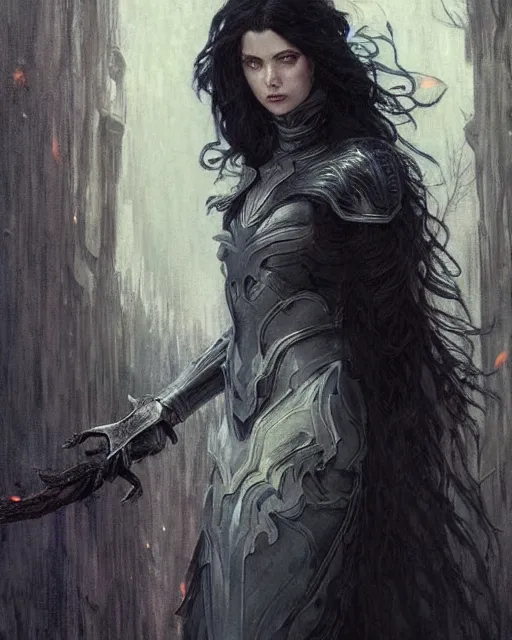 Prompt: a beautiful woman dark hair in an armor with dark eyes, elegant, dark blue, ethereal horror fantasy art by greg rutkowski and magali villeneuve and claude monet detailed