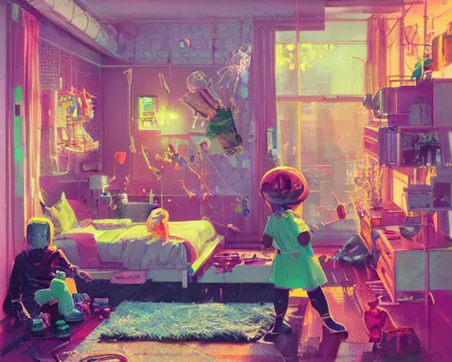 Image similar to IKEA catalogue photo of a cyberpunk children’s bedroom, by Paul Lehr