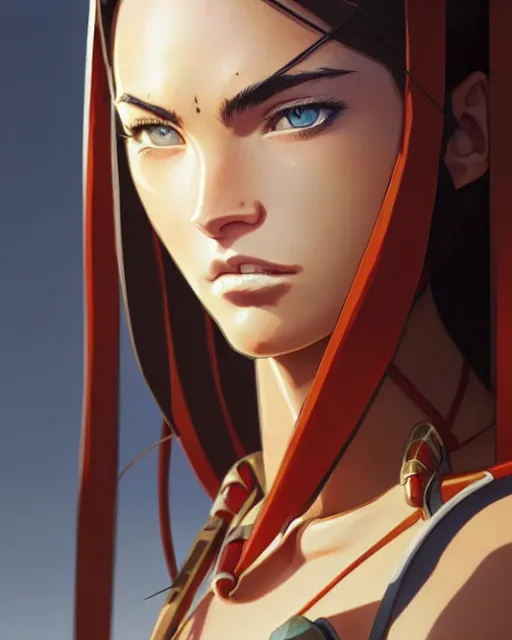 Image similar to azctec warrior, megan fox, detailed perfect face, exquisite details, fire magic, mid view, design on a white background, by studio muti, greg rutkowski makoto shinkai takashi takeuchi studio ghibli