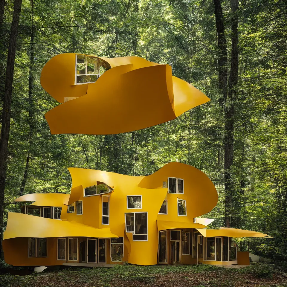 Image similar to architecture ad for a small mid-century modern house in the forest, designed by Frank Gehry. Film grain, cinematic, yellow hue