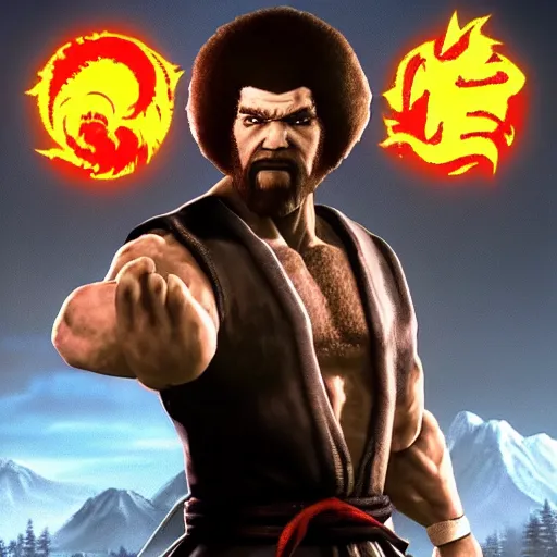 Image similar to Bob Ross Mortal Kombat performing fatality, unreal engine, 8k highly detailed