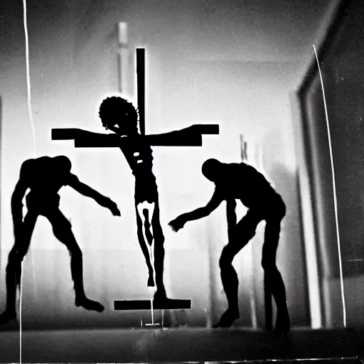 Image similar to an alien getting crucified in an experimental lab, realistic found footage video, grainy