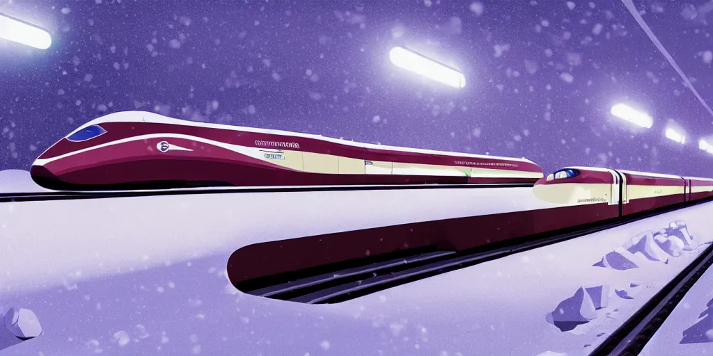 Prompt: A supersonic maglev train in North Pole riding though snow, cold, snowy, art by James Gilleard, James Gilleard artwork, gorgeous lighting, eurostar, maroon and blue accents, 8k, high detail