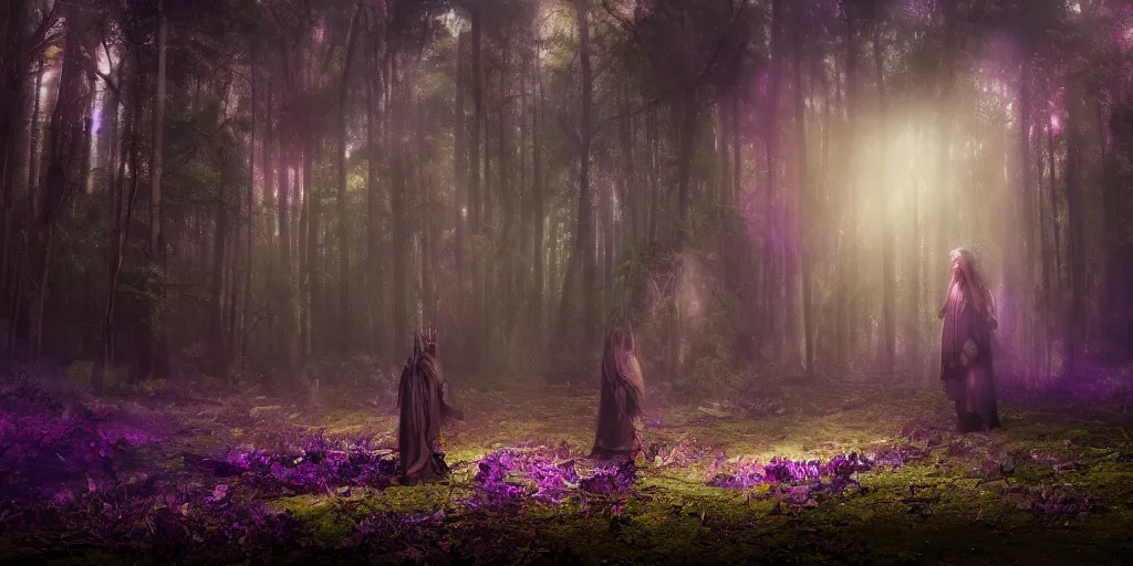 Image similar to A transcendal being having a ritual in a mysterious and lush burning forest, dark fantasy, wide shot, purple hue, realistic lighting, sunshaft