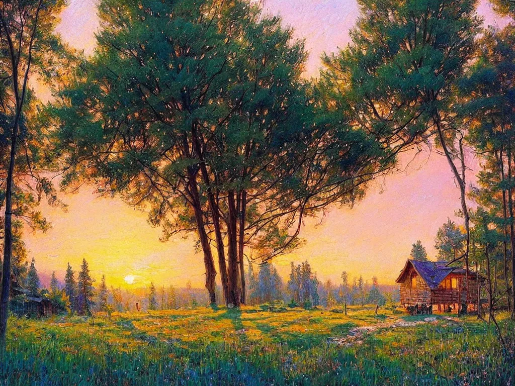 Prompt: beautiful landscape house in the village summer, evening, sun is going down warm color palette natural lighting, soft light, artstation high detailed, melancholy pastel art, oil on canvas by ivan shishkin and erin hanson