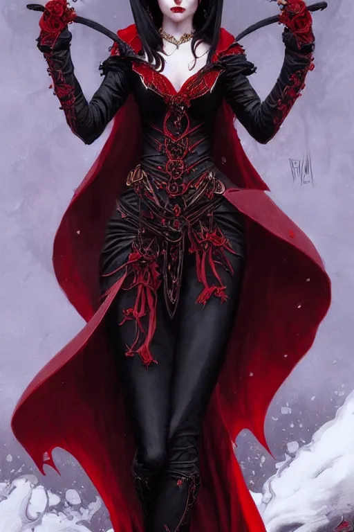 Image similar to Beautiful vampire female princess, black and red silk clothing Full body shot, D&D, fantasy, intricate, elegant, highly detailed, digital painting, artstation, concept art, matte, sharp focus, illustration, hearthstone, art by Artgerm and Greg Rutkowski and Alphonse Mucha