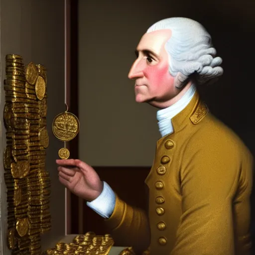 Image similar to a closeup photorealistic photograph of a happy George Washington inspecting small gold Doubloon coins at his home on Cherry Street. This 4K HD image is Trending on Artstation, featured on Behance, well-rendered, extra crisp, features intricate detail and the style of Unreal Engine.