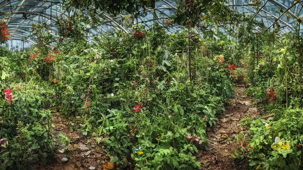 Prompt: exploring an abandoned overgrown greenhouse, becoming overgrown with plants with small colourful flowers, hyperrealistic, ambient lighting highly detailed, 4 k hd