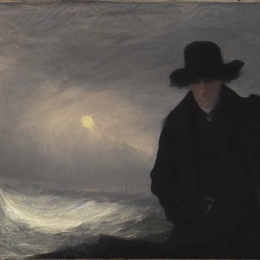 Prompt: Silhouette of a man in a dark coat, stormy sea in the background, sombre, by J.M.W Turner, dark, realistic, high textures, misty