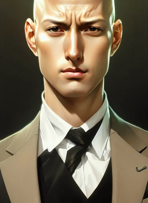 Image similar to ultra realistic illustration, handsome saitama. intricate, elegant, black suit, highly detailed, digital painting, artstation, concept art, smooth, sharp focus, illustration, art by artgerm and greg rutkowski and alphonse mucha and wlop