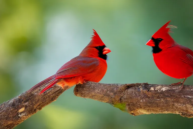 Prompt: a male Cardinal sits next to a beautiful moth with a river in the background, bokeh