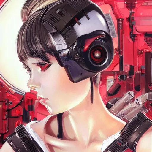 Image similar to A cyborg girl with big and cute eyes, fine-face, realistic shaded perfect face, fine details. red and black robotic parts. Very anime. Realistic shaded lighting poster by Ilya Kuvshinov katsuhiro, magali villeneuve, artgerm, Jeremy Lipkin and Michael Garmash, Rob Rey and Kentarõ Miura style, trending on art station