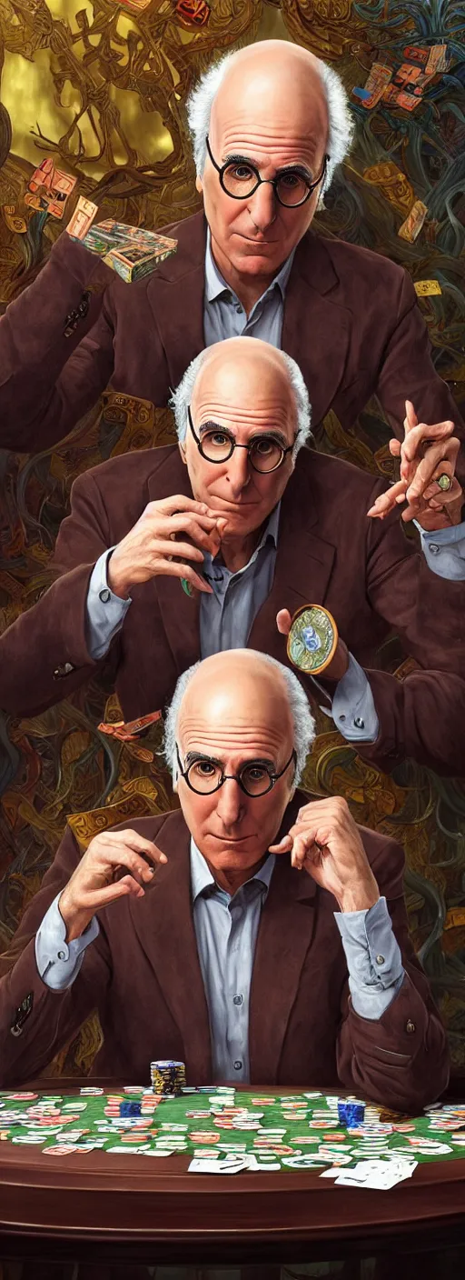 Prompt: full view realistic larry david playing poker, photorealistic, in the style of in the style of fenghua zhong and ruan jia and peter mohrbacher, holographic undertones, art nouveau background elisabeth sonrel, iconography, stained glass forest background, mystical painting, oil on linen, award winning, dramatic lighting, intricate details, cg, artstation