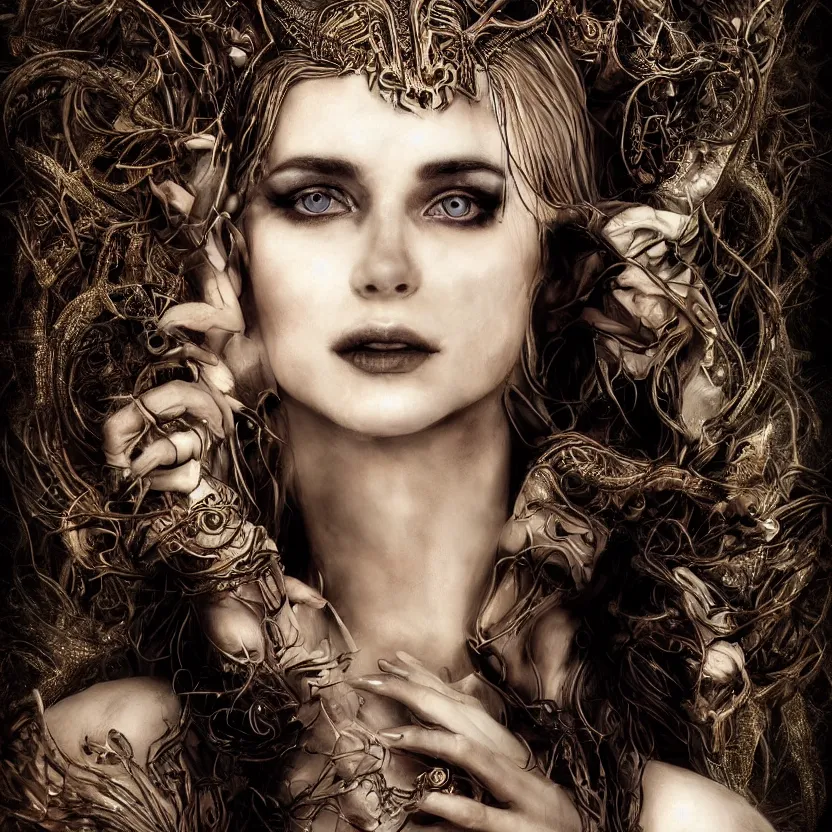 Image similar to mindblowing portrait of the enchantress queen, a stunning timeless beauty, breathtaking eyes, perfect skin, feathered eyelashes, royal gothic dress with a lot of leather, heavy silent hill aesthetic, incredibly intricate, digital art, blender, houdini & photoshop, very elegant & complex, hyper-maximalist, overdetailed, epic cinematic quality, biblical art lighting, photorealistic, lifelike, OLED, DSLR HDR 8k, face is the focus, facial feature symmetry, hyper composed, created by Nixeu & z--ed from deviantart