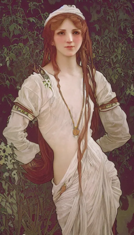 Image similar to elegant, skinny cute girl portrait with open chest white ancient clothes by Alphonse Mucha, and Octane Render