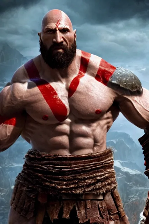 Prompt: film still from god of war, a highly detailed beautiful closeup photo of dwayne johnson kratos holding a sword and fighting zombies on a pile of human skulls, spartan warrior, olympian god, muscular!,, action pose, ambient lighting, volumetric lighting, octane, fantasy