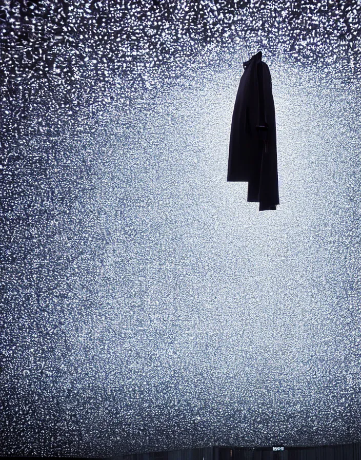 Image similar to close - up of an empty slick fashionable zara raincoat floating suspended mid - air featured on a glittering wet rainy light installation designed by olafur eliason, james turrell, okuda, shot by denis villeneuve, wes anderson, lily frank, symmetry, rule of thirds