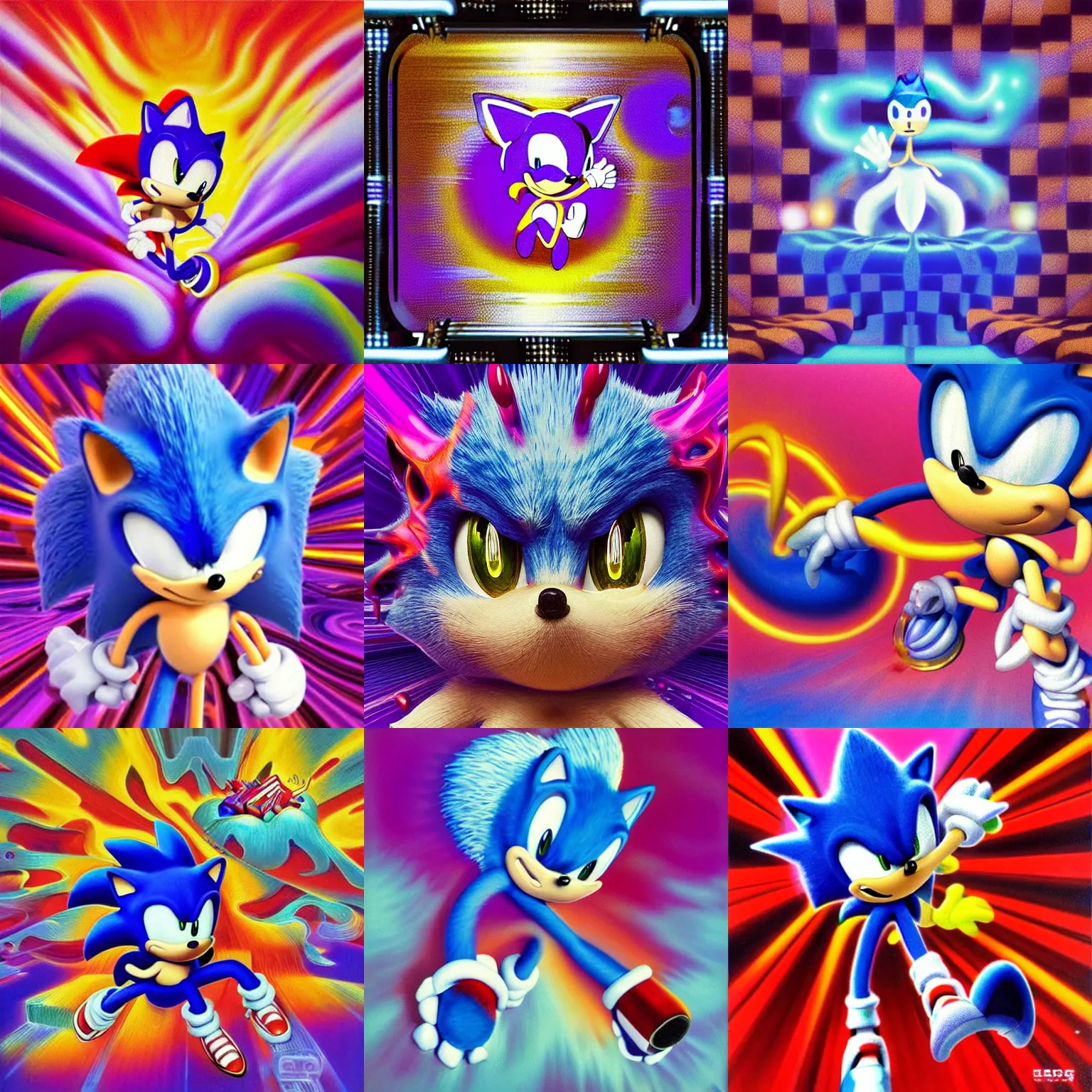 Prompt: surreal, soft, hyperrealistic sonic portrait professional, high quality airbrush art progressive rock album cover of a liquid dissolving airbrush art lsd dmt sonic the hedgehog dashing through cyberspace, purple checkerboard background, 1 9 8 0 s 1 9 8 2 sega genesis video game album cover