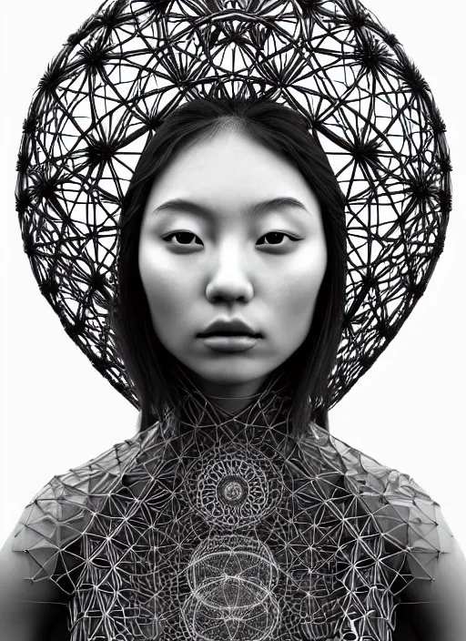 Prompt: ridiculously beautiful young asian woman thinking by irakli nadar, several layers of intricate sacred geometry, orgasm, cosmic, natural, awakening, symmetrical, in the style of ernst haeckel and alex grey, 3 d geodesic lattice, heart eye, warm, photo realistic, epic and cinematic