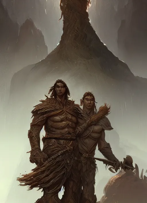 Image similar to Handsome brown haired elven warrior standing beside a large golem made of wood. Haughty look. In style of Hyung-tae Kim, Greg Rutkowski and Larry Elmore, concept art, trending on ArtStation, Korean MMORPG, over-detailed art, 8K, epic, dynamic lightning, scenery.