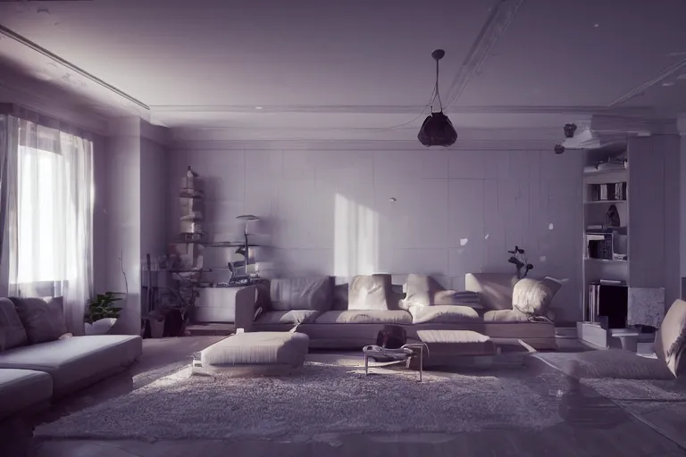 Prompt: a living room from the future, concept art, 3 d render, octane render, 4 k, beautiful lighting