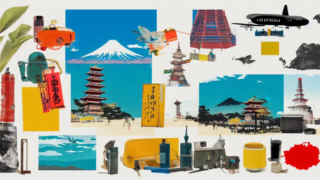 Prompt: an arrangement of tourist goods traveller props, japan, a collage painting, in the style of wes anderson, lola dupre, david hockney, isolated on negative white space background dark monochrome neon spraypaint accents volumetric octane render