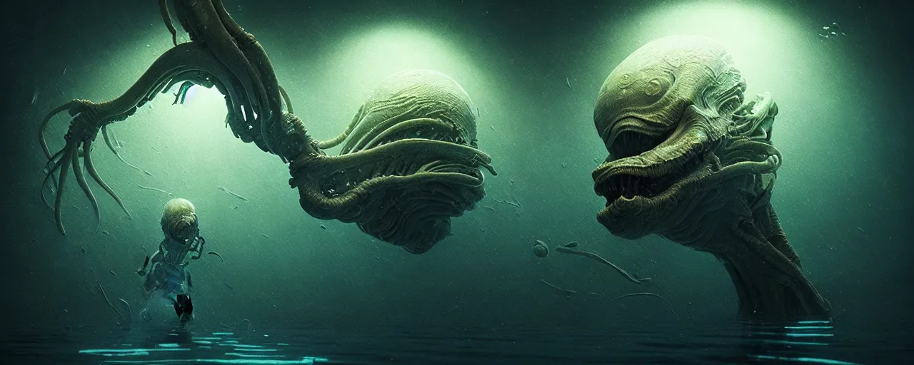 Image similar to ultra realistic horror photo of a dimly lit alien creature underwater, very intricate details, focus, full frame image, artwork by tooth wu and wlop and beeple and greg rutkowski, award winning