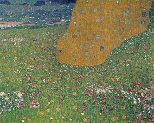 Prompt: painting of sprawling mountains, flower-covered, flowing river, landscape, Beautiful by Gustav Klimt