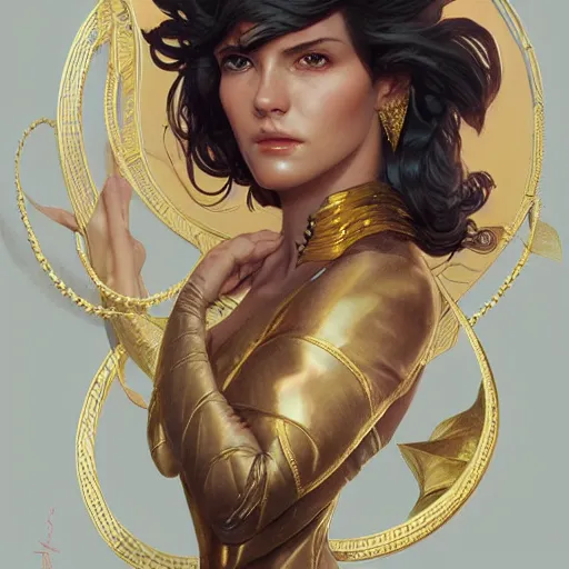 Image similar to Sandman with a gold suit, portrait, intricate, elegant, highly detailed, digital painting, artstation, concept art, smooth, sharp focus, illustration, art by artgerm and greg rutkowski and alphonse mucha