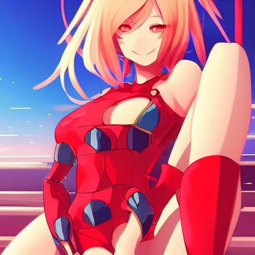 Image similar to digital anime art. cute girl. red mech arms and red mech legs. blue eyes!!!. gold short hair!!!. red bikini. full body!!!. wlop, rossdraws