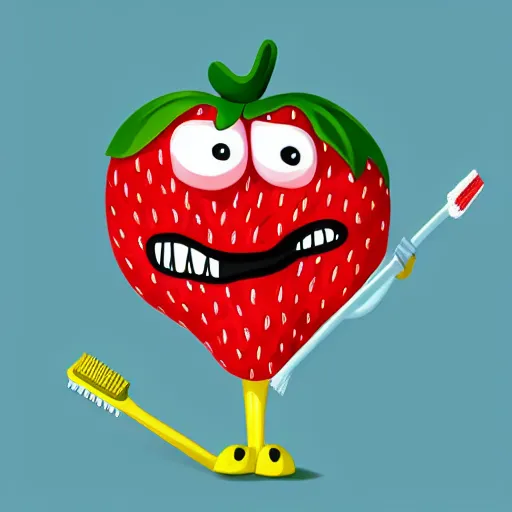 Image similar to a cute strawberry character with two front teeth, holding a yellow toothbrush, in the style of tara mcpherson