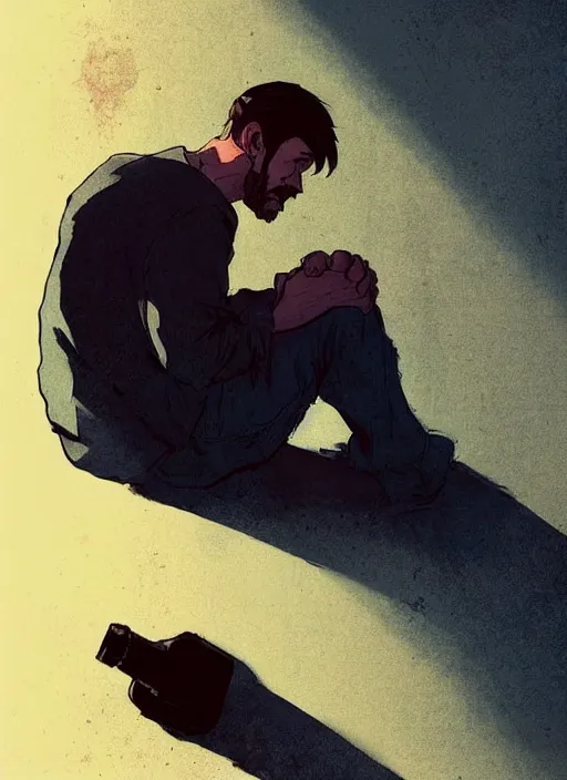 Prompt: a depressed and ugly man sitting in his dark and dirty apartment, bottles of alcohol next to him, in the style of artgerm, gerald brom, atey ghailan and mike mignola, vibrant colors and hard shadows and strong rim light, plain background, comic cover art, trending on artstation
