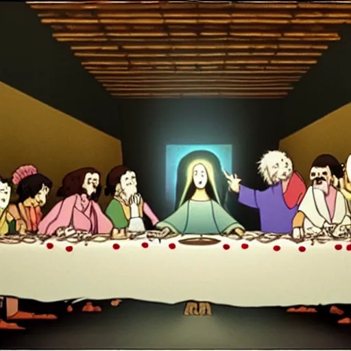 Prompt: The last supper by tim burton, studio ghibli, 4K, OLED, excellent detail, masterpiece