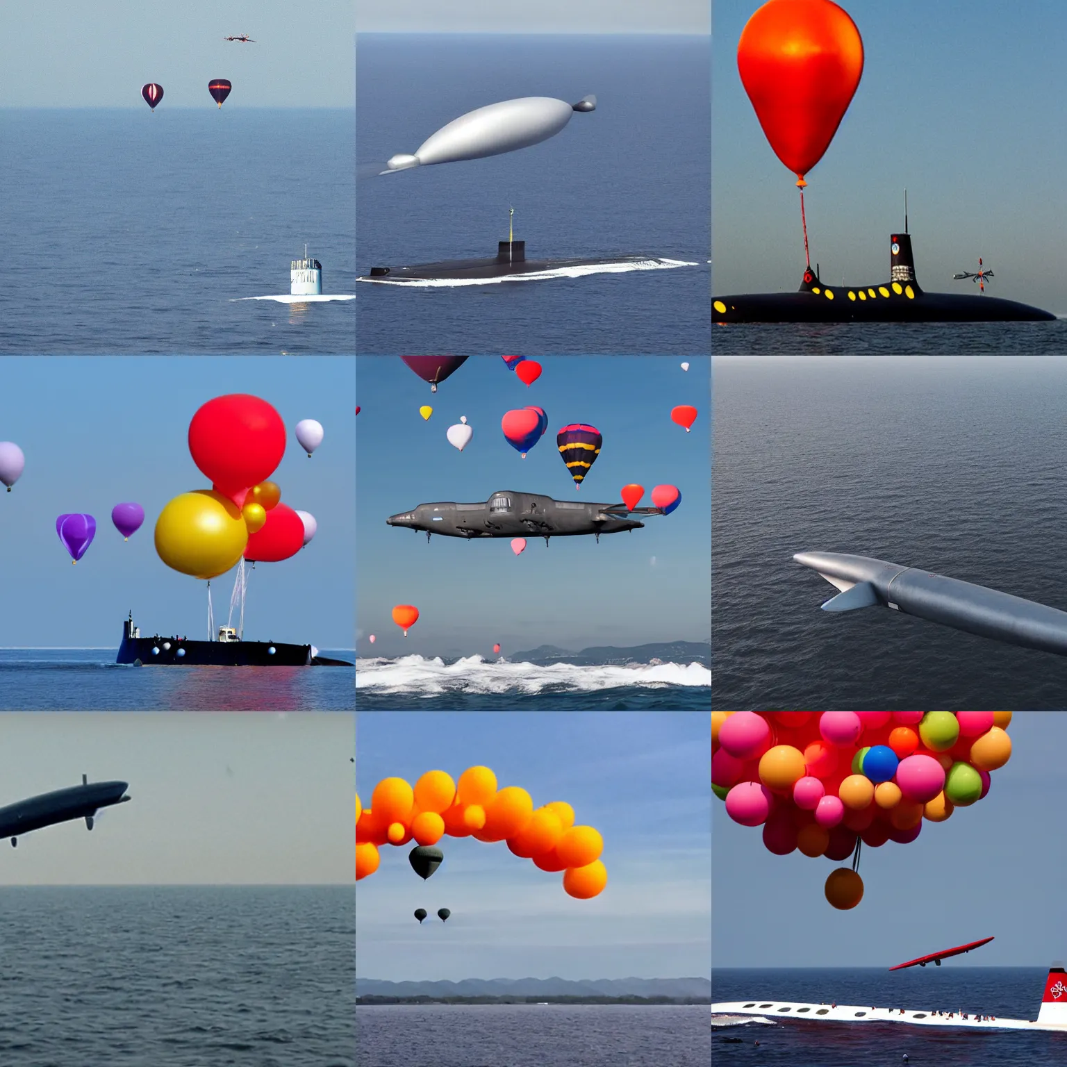 Prompt: A nuclear submarine flying through the air, attached to hundreds of balloons