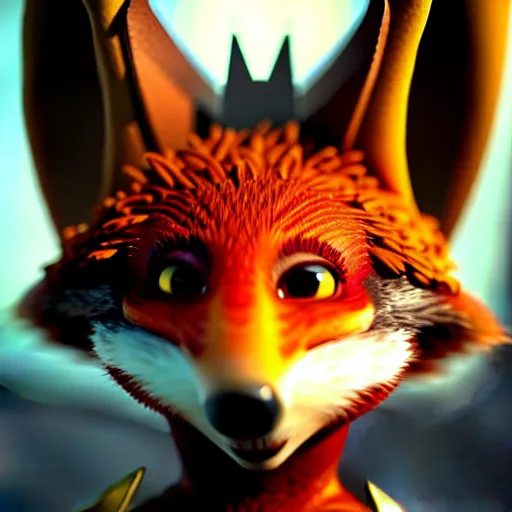 Image similar to weta disney pixar movie still macro close photo of cute anthropomorphic vulpes vulpes fulva wearing batman costume : : by weta, greg rutkowski, wlop, ilya kuvshinov, rossdraws, artgerm, octane render, iridescent, bright morning, anime, liosh, mucha : :