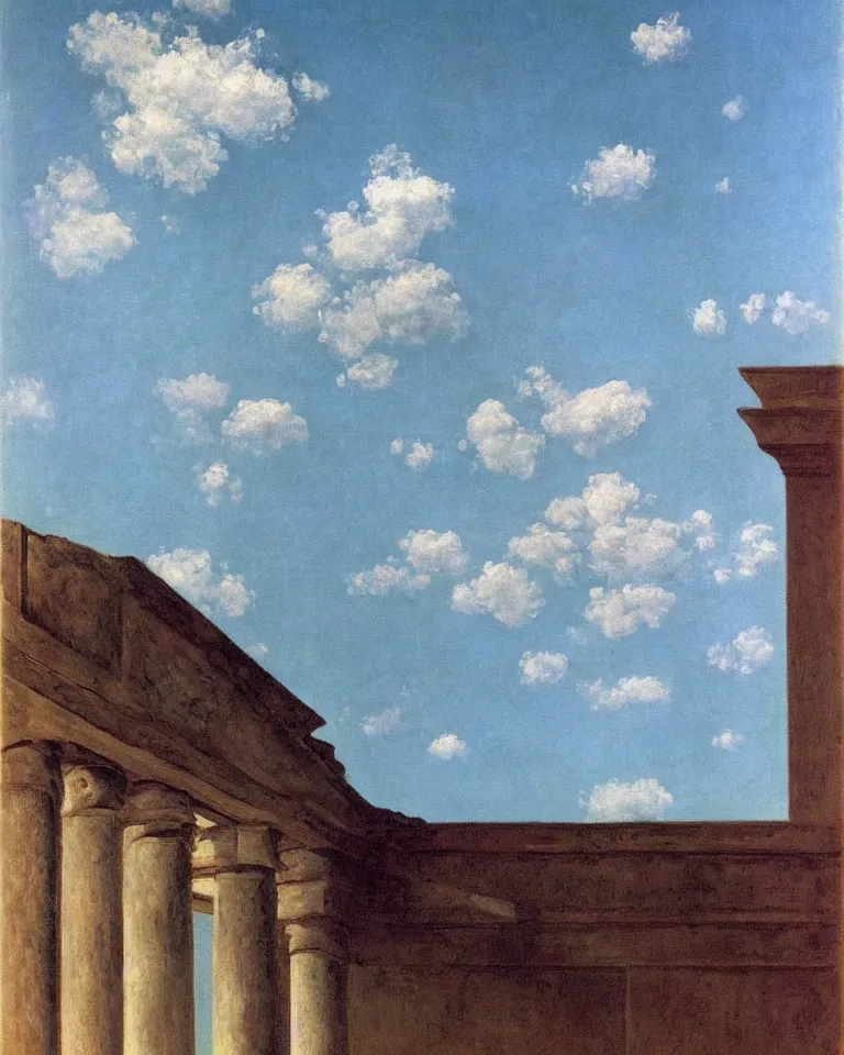 Prompt: achingly beautiful painting of a roman pediment on baby blue background by rene magritte, monet, and turner. piranesi.