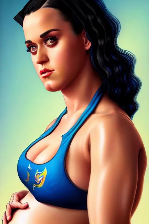 Prompt: pregnant katy perry in a sports bra, realistic portrait, symmetrical, highly detailed, digital painting, artstation, concept art, smooth, sharp focus, illustration, cinematic lighting, art by artgerm and greg rutkowski and alphonse mucha