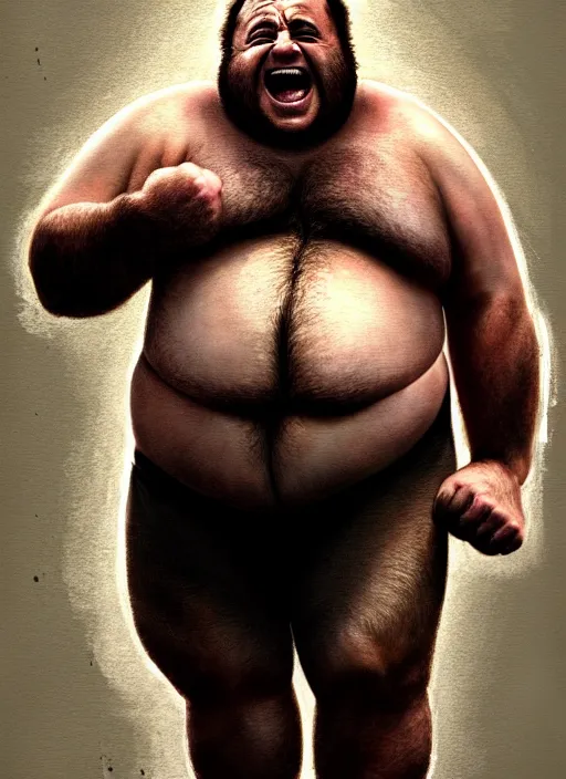 Image similar to Portrait of Fat Danny Devito with his belly sticking out as The Wolverine (2013), Hes screaming at the rain in the middle of the night road on his knees. He has Wolverine Claws on both hands, He has pants, realistic, detailed, 4k by Greg Rutkowski Mark Arian trending on artstation