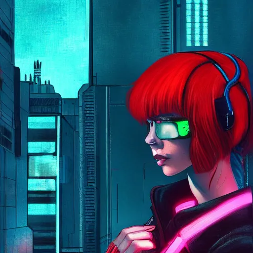 Image similar to a girl with red hair and blue eyes, cyberpunk, rooftop, teal neon lights, highly detailed, digital painting, artstation, concept art, sharp focus, illustration