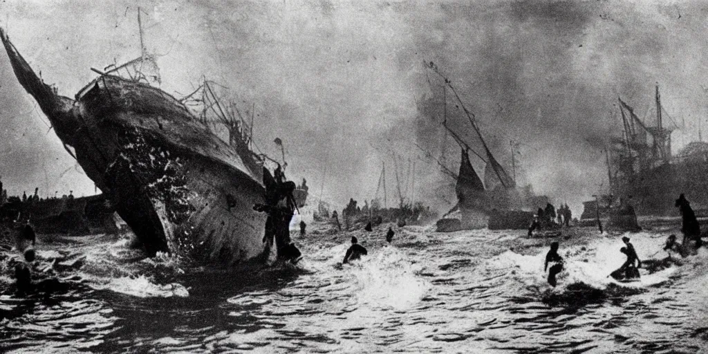Prompt: a boat being grabbed by a giant underwater hand while people run away, 1 9 0 0 s photograph