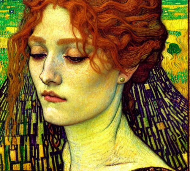 Image similar to detailed realistic beautiful young medieval queen face portrait by jean delville, gustav klimt and vincent van gogh, art nouveau, symbolist, visionary, gothic, pre - raphaelite, muted earthy colors, desaturated