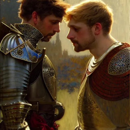 Image similar to attractive arthur pendragon and his attractive male knight, they are in love, natural lighting, path traced, highly detailed, high quality, digital painting, by gaston bussiere, craig mullins, alphonse mucha j. c. leyendecker