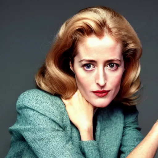 Prompt: photo of a gorgeous 30-year-old Gillian Anderson with a 1970s hairstyle by Mario Testino, detailed, head shot, award winning, Sony a7R -