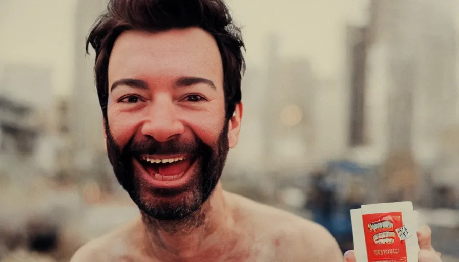 Image similar to far view, extremely skinny malnourished jimmy fallon with long beard, wearing dirty overalls, dirty greasy face, grin, portrait, close up, kodak gold 2 0 0, 5 0 mm,