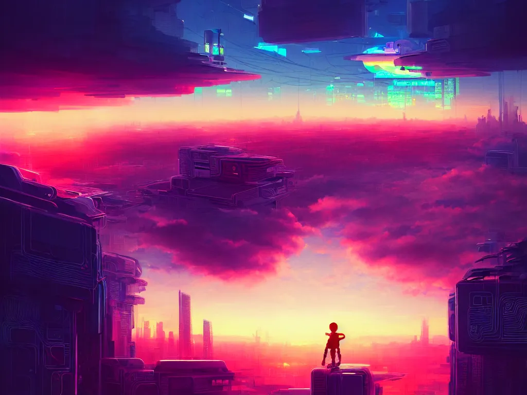 Image similar to a painting of a boy on top of a building watching a colorful sunrise futuristic city surrounded by clouds, cyberpunk art by yoshitaka amano and alena aenami, cg society contest winner, retrofuturism, matte painting, apocalypse landscape, cityscape