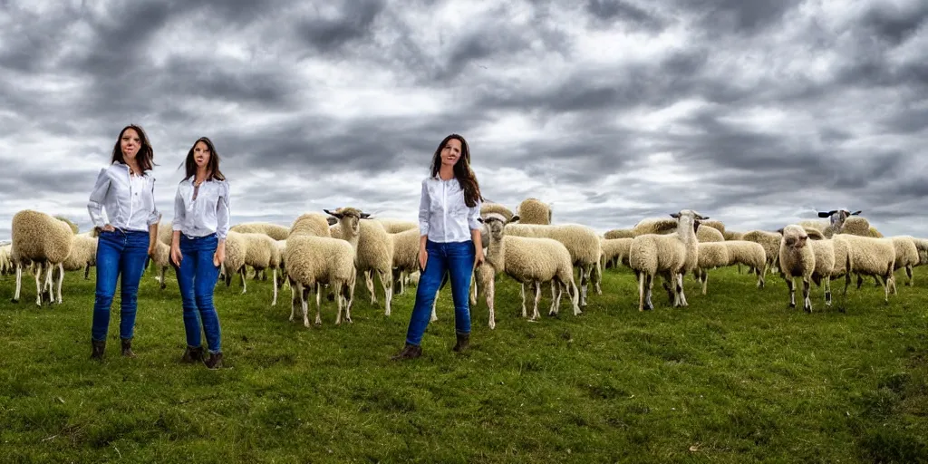 Prompt: 2 attractive female identical twins, wearing blue jeans and a white shirt, standing in a field surrounded by lots of sheep, thought provoking, award winning photography, 4 k, hdr